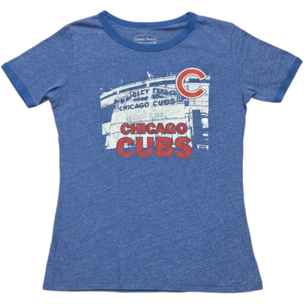 Majestic Threads Chicago Cubs Wrigley Field Ringer Tee Blue Slim Fit Small
